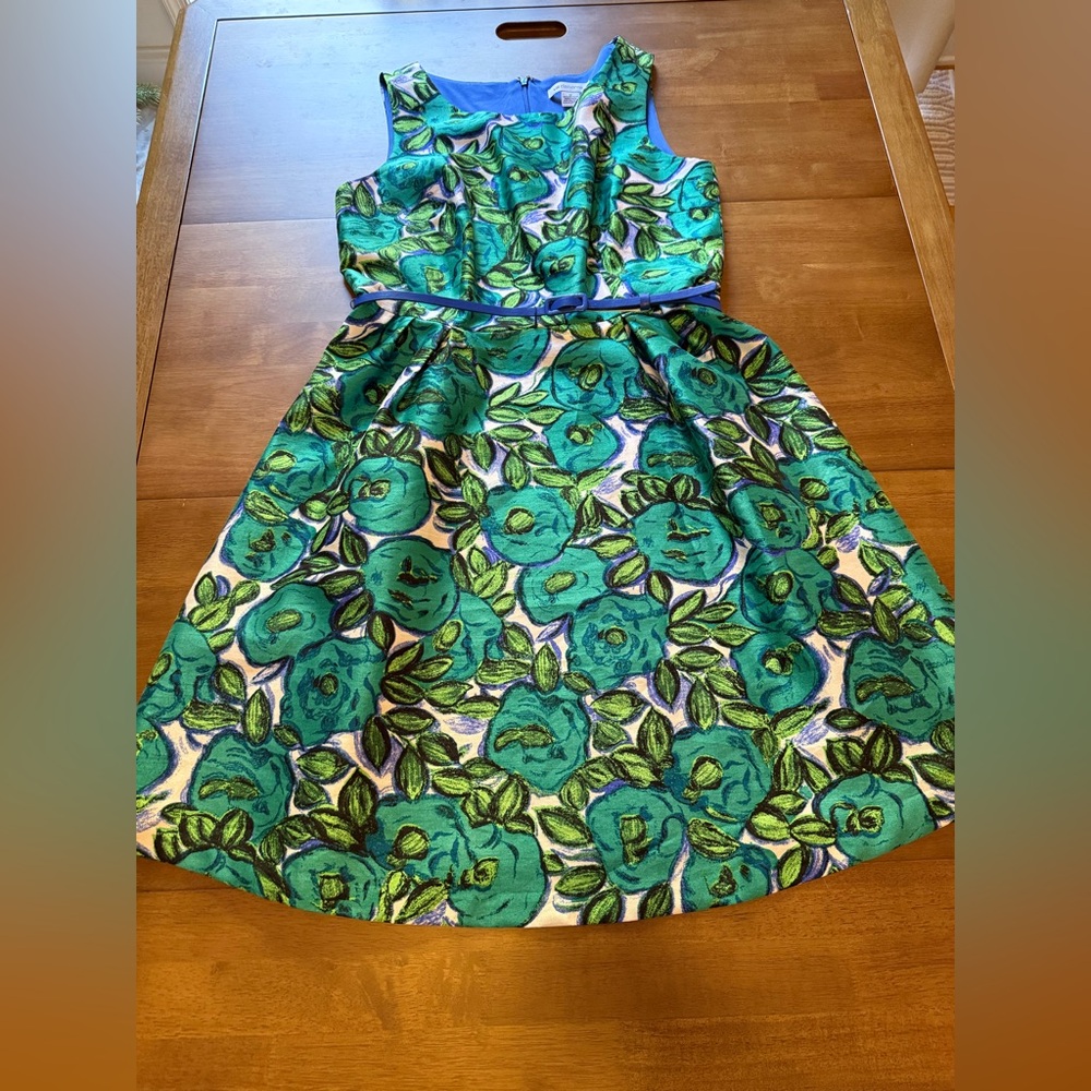Liz Claiborne Green & Blue Floral Jacquard Fit & Flare Dress | Size 12